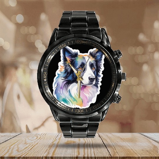 Border Collie Watercolor Calendar Steel Band Watch