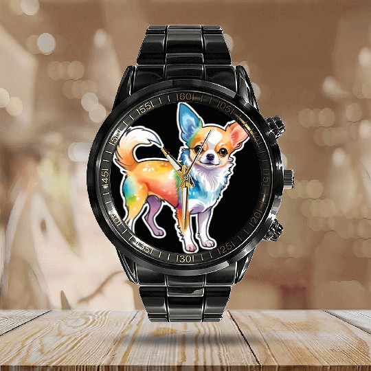 Chihuahua Watercolor Calendar Steel Band Watch