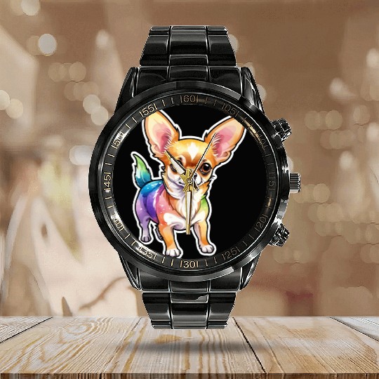 Chihuahua Watercolor Calendar Steel Band Watch