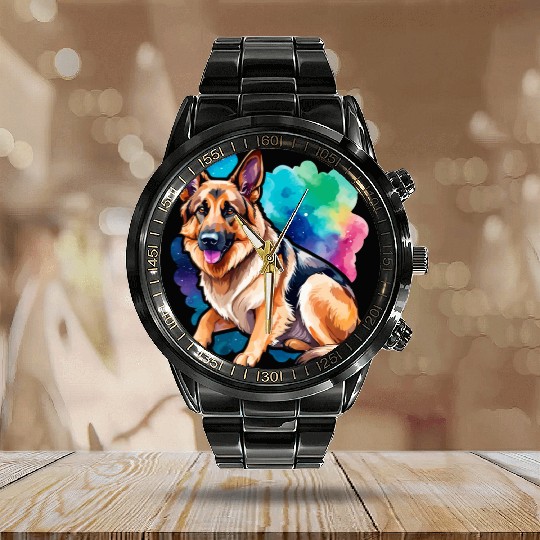 German Shepherd Watercolor Calendar Steel Band Watch