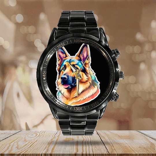 German Shepherd Watercolor Calendar Steel Band Watch