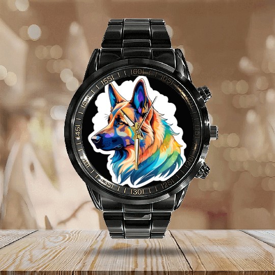 German Shepherd Watercolor Calendar Steel Band Watch