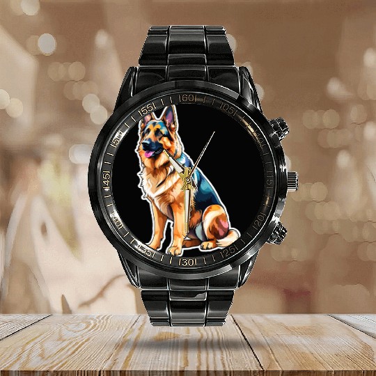 German Shepherd Watercolor Calendar Steel Band Watch