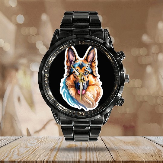 German Shepherd Watercolor Calendar Steel Band Watch