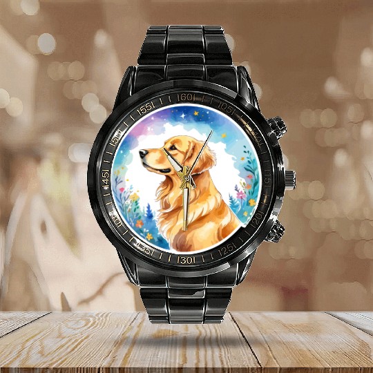 Golden Retriever Watercolor Calendar Steel Band Watch