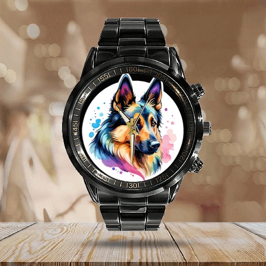 Belgian Shepherd Watercolor Calendar Steel Band Watch