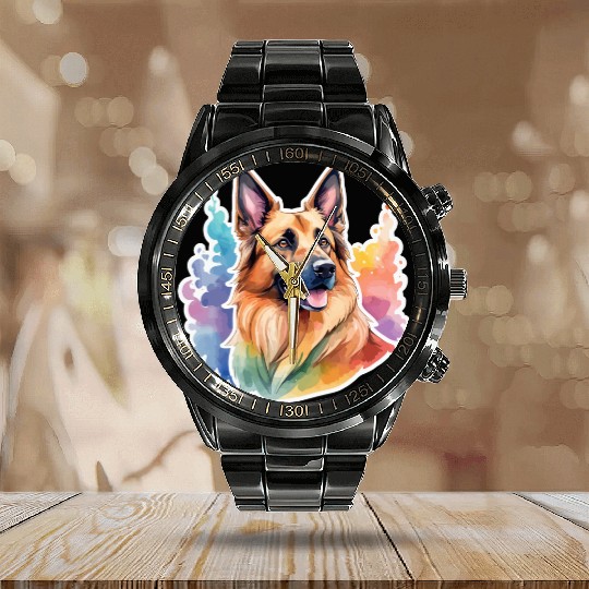 Belgian Shepherd Watercolor Calendar Steel Band Watch