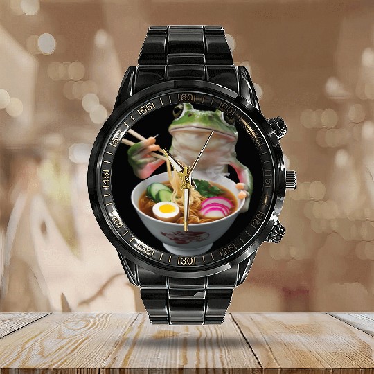 Frog Eating Ramen Realistic Calendar Steel Band Watch