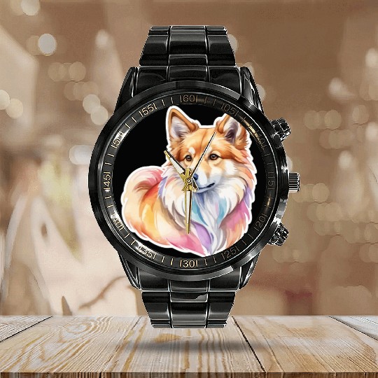 Icelandic Sheepdog Watercolor Calendar Steel Band Watch