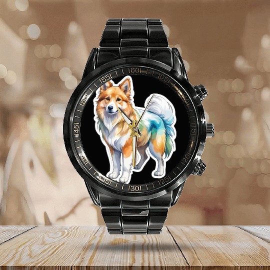 Icelandic Sheepdog Watercolor Calendar Steel Band Watch