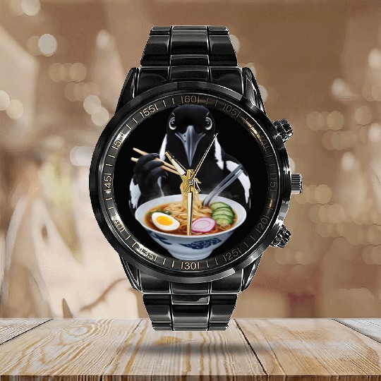 Magpie Eating Ramen Realistic Calendar Steel Band Watch