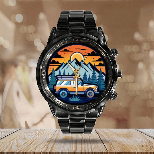 Camper Van parked Lake with Mountains Calendar Steel Band Watch