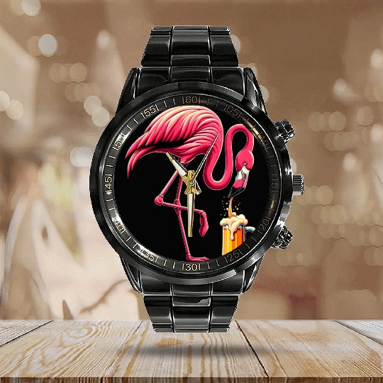 Funny Flamingo Drinking Beer Party Flamingo Lover Calendar Steel Band Watch