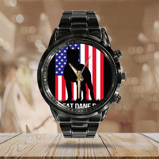 4th Of July US Flag Dog Dad Great Dane Dad Calendar Steel Band Watch