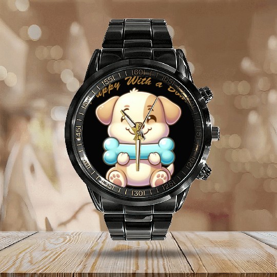 puppy with a bone Calendar Steel Band Watch