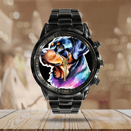 Rottweiler Watercolor Calendar Steel Band Watch