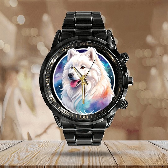 Samoyed Dog Watercolor Calendar Steel Band Watch