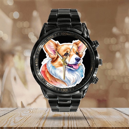 Pembroke Welsh Corgi Watercolor Calendar Steel Band Watch