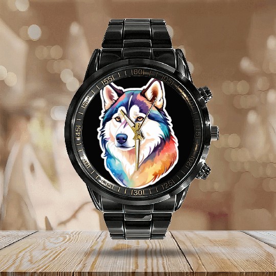 Siberian Husky Watercolor Calendar Steel Band Watch