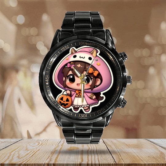 Tender little girl with pumpkin on Halloween Calendar Steel Band Watch