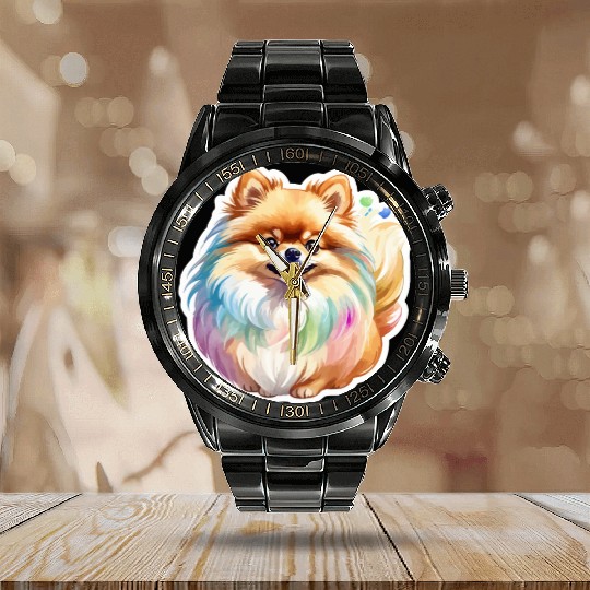 Pomeranian Watercolor Calendar Steel Band Watch