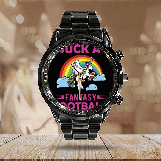I Suck at Fantasy Football Unicorn Rainbow Calendar Steel Band Watch