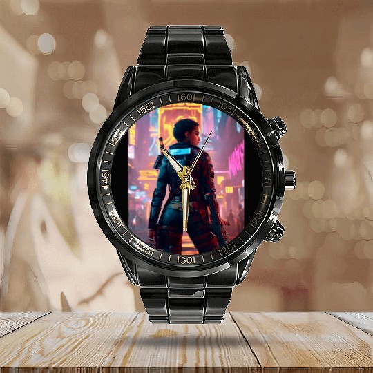 Cyberpunk Warrior: Sentinel of the Neon Streets Calendar Steel Band Watch