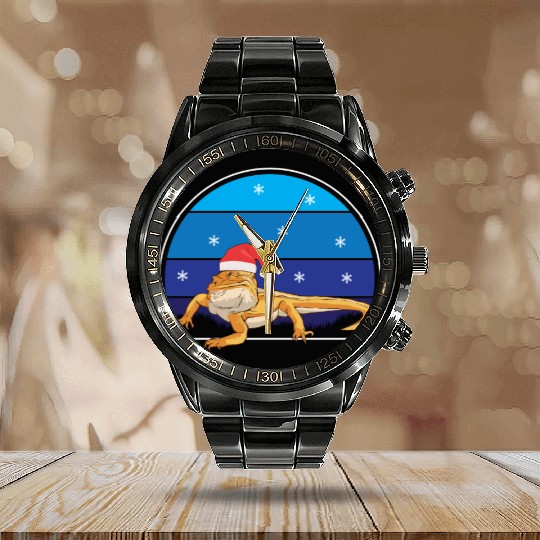 Iguana Christmas Light Sweater Funny Animals Lover Calendar Steel Band Watch