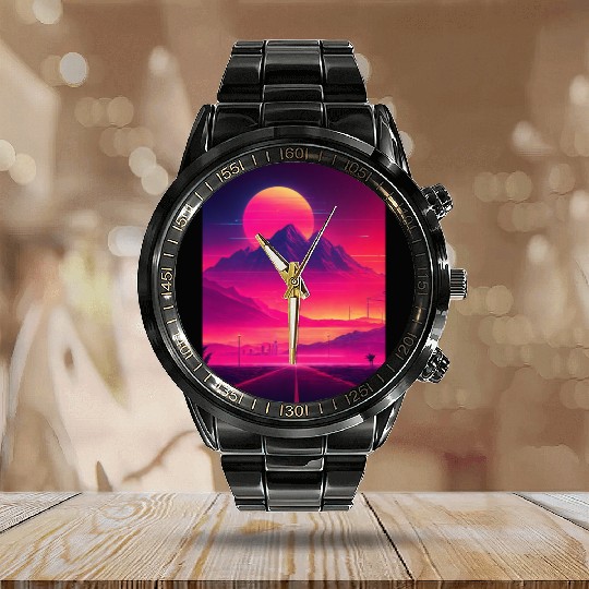 Neon Horizon: A Synthwave Journey Calendar Steel Band Watch