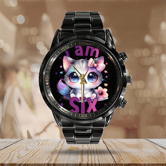 6th Birthday Cat Kitten Cute 6 Years Old Six 6 Bir Calendar Steel Band Watch