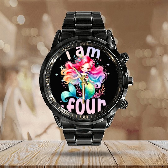 4th Birthday Mermaid Girl Fourth birthday girl 4 y Calendar Steel Band Watch