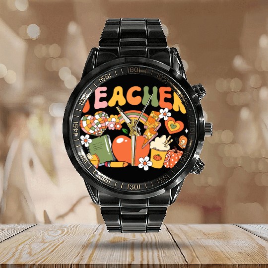 Teacher Fall Autumn Pumpkin Thanksgiving Thankful Calendar Steel Band Watch