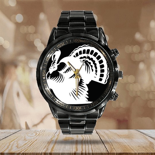 Wild Big Fat Turkey With Wing Drawing Calendar Steel Band Watch