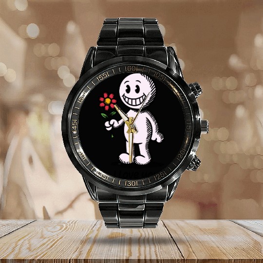 Stick Figure with Flower I LOVE YOU Calendar Steel Band Watch