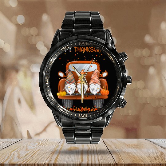Happy Thanksgiving On Pickup Truck Gnomes lover Calendar Steel Band Watch