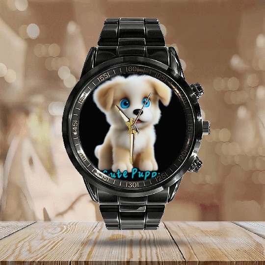 Adorable Blue-Eyed Puppy Calendar Steel Band Watch