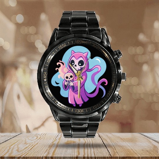 skeletal figure, violet pink robe, lavender puppy Calendar Steel Band Watch
