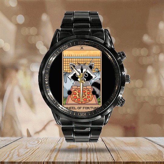 Wheel of Fortune Raccoons Tarot Card Calendar Steel Band Watch