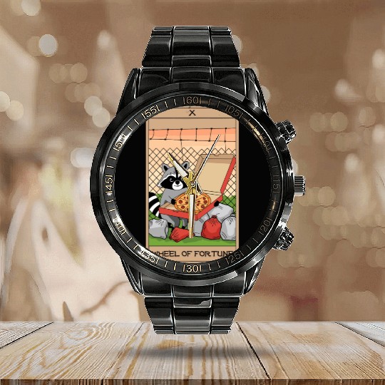 Wheel of Fortune Raccoons Tarot Card Calendar Steel Band Watch