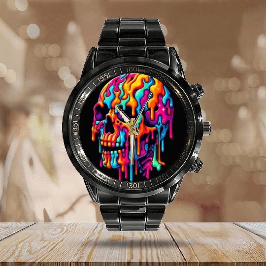 Vibrant Psychedelic Skull Calendar Steel Band Watch