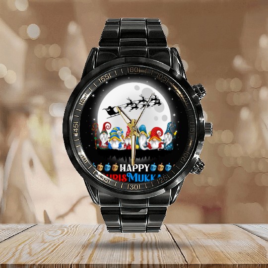 Happy Chrismukkah Gnomes Christmas Hanukkah Calendar Steel Band Watch