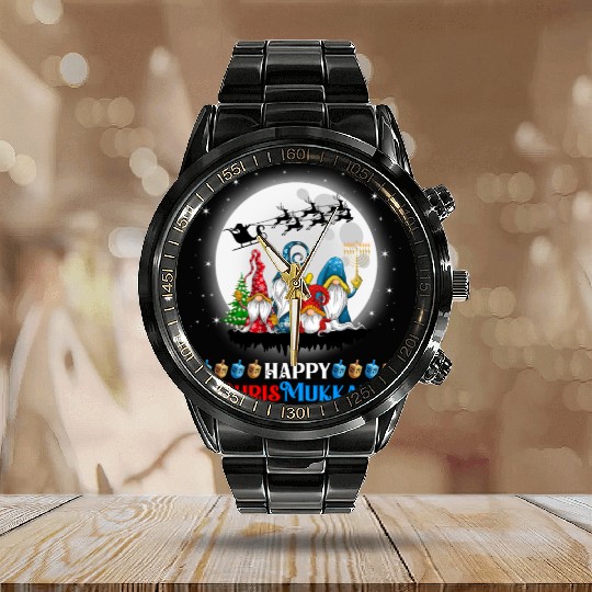 Happy Chrismukkah Gnomes Christmas Hanukkah Calendar Steel Band Watch