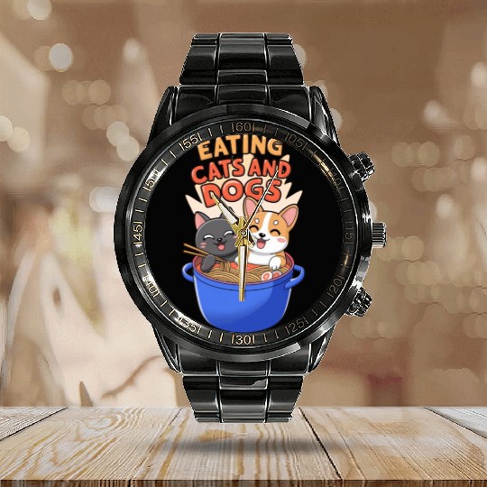 Funny eat Cat and Dog in Ramen political Calendar Steel Band Watch