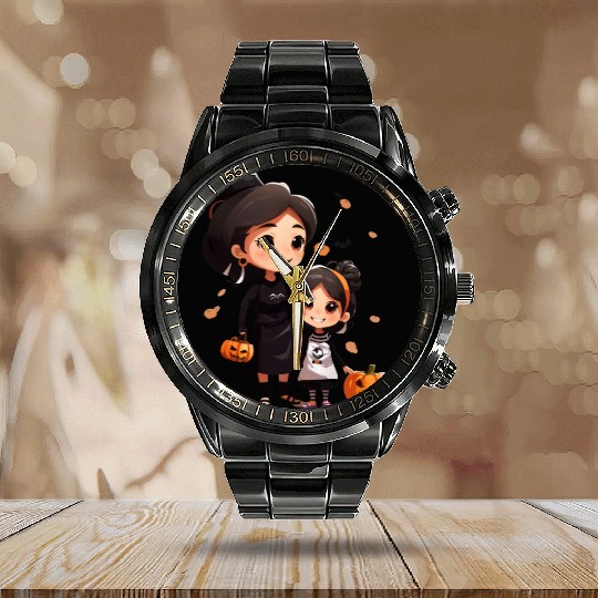 Mother and Daughter Halloween Trick-or-Treat Fun Calendar Steel Band Watch