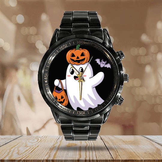 Cute Halloween Ghost with Pumpkin and Bat Calendar Steel Band Watch