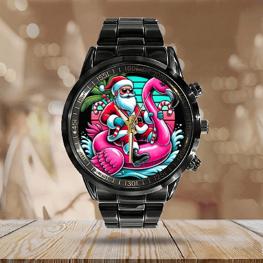Santa Riding Flamingo in Tropical Christmas Fun Calendar Steel Band Watch