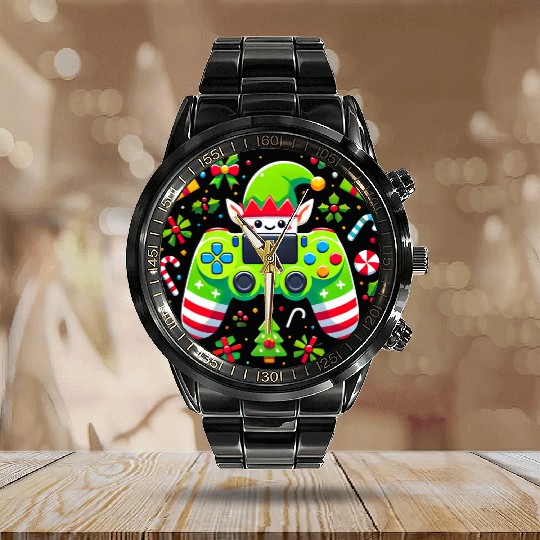 Christmas Elf Themed Gaming Controller Fun Calendar Steel Band Watch