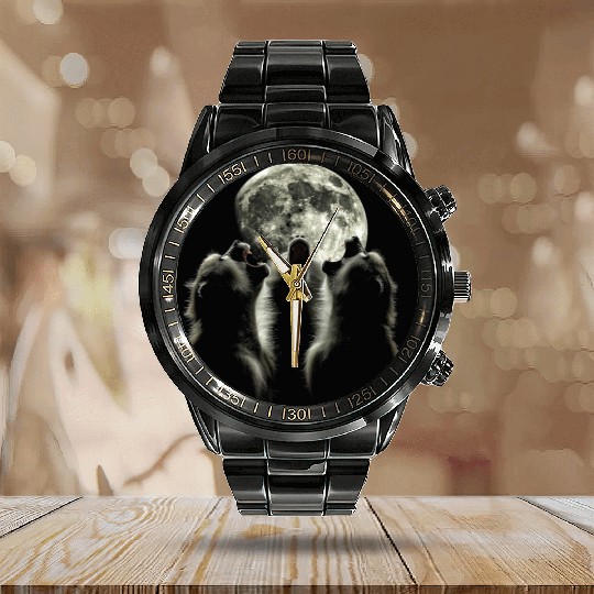 Baboon Monkey Howling Moon Calendar Steel Band Watch
