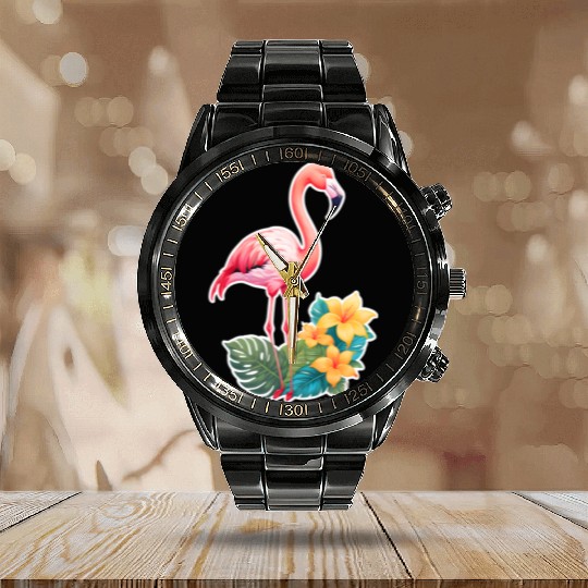 Tropical Flamingo with Floral Elegance Calendar Steel Band Watch