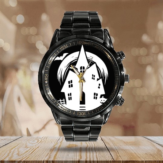Bat Full Moon Haunted House Halloween Tattoo Calendar Steel Band Watch